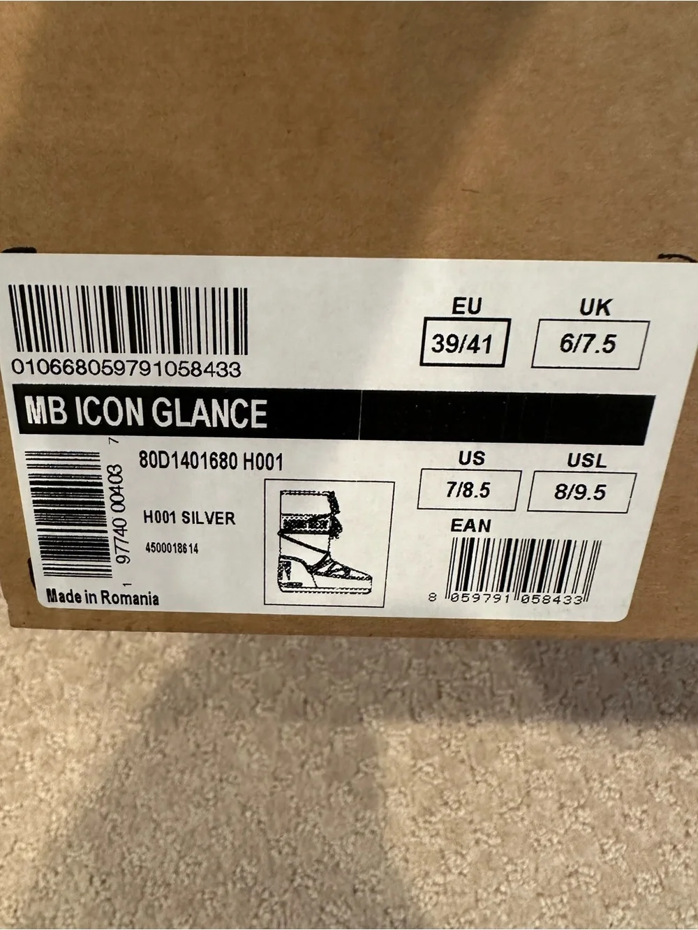 Moon Boot  MB Icon glance silver EU 39/41  US 7/8.5 new in box